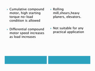  Cumulative compound
motor, high starting
torque no-load
condition is allowed
 Differential compound
motor speed increases
as load increases
 Rolling
mill,shears,heavy
planers, elevators.
 Not suitable for any
practical application
 