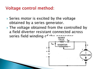  Series motor is excited by the voltage
obtained by a series generator.
 The voltage obtained from the controlled by
a field diverter resistant connected across
series field winding of the generator.
 
