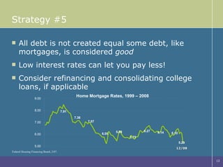 Strategy #5 All debt is not created equal some debt, like mortgages, is considered  good Low interest rates can let you pay less! Consider refinancing and consolidating college loans, if applicable Federal Housing Financing Board, 2/07. Home Mortgage Rates, 1999 – 2008 12/08 
