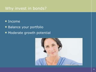 Why invest in bonds? Income Balance your portfolio Moderate growth potential 
