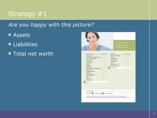 Strategy #1 Assets Liabilities  Total net worth Are you happy with this picture? 