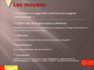 Définir des stratégies export collectives Mutualiser les moyens, les compétences, les expériences, l’image (notamment au travers de la marque Sud de France)… Informer Permettre à un maximum d’entreprises d’accéder au dispositif Coordonner Une concertation pour plus de pertinence Concevoir Définir et mettre en œuvre des outils stratégiques, opérationnels et méthodologiques (« adaptés » profils – filières – contexte international) « C onstruire une approche collective pour gagner l’international   » 