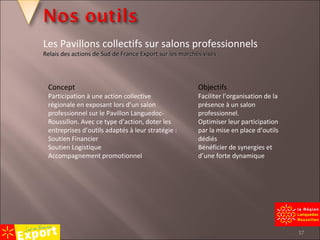 Concept Participation à une action collective régionale en exposant lors d’un salon professionnel sur le Pavillon Languedoc-Roussillon. Avec ce type d’action, doter les entreprises d’outils adaptés à leur stratégie :  Soutien Financier  Soutien Logistique Accompagnement promotionnel Objectifs Faciliter l’organisation de la présence à un salon professionnel. Optimiser leur participation par la mise en place d’outils dédiés Bénéficier de synergies et d’une forte dynamique Les Pavillons collectifs sur salons professionnels Relais des actions de Sud de France Export sur les marchés visés   