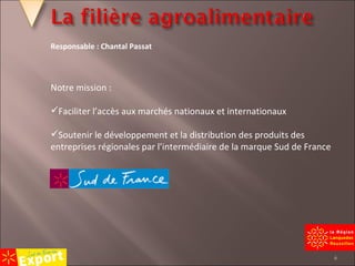 Responsable : Chantal Passat Notre mission : Faciliter l’accès aux marchés nationaux et internationaux Soutenir le développement et la distribution des produits des entreprises régionales par l’intermédiaire de la marque Sud de France 