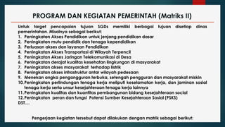 PROGRAM DAN KEGIATAN PEMERINTAH (Matriks II)
Untuk target pencapaian tujuan SGDs memiliki berbagai tujuan disetiap dinas
pemerintahan. Misalnya sebagai berikut:
1. Peningkatan Akses Pendidikan untuk jenjang pendidikan dasar
2. Peningkatan mutu pendidik dan tenaga kependidikan
3. Perluasan akses dan layanan Pendidikan
4. Peningkatan Akses Transportasi di Wilayah Terpencil
5. Peningkatan Akses Jaringan Telekomunikasi di Desa
6. Peningkatan derajat kualitas kesehatan lingkungan di masyarakat
7. Peningkatan akses masyarakat terhadap listrik
8. Peningkatan akses infrastruktur antar wilayah pedesaan
9. Menekan angka pengangguran terbuka, setengah pengguran dan masyarakat miskin
10.Peningkatan perlindungan tenaga kerja meliputi keselamatan kerja, dan jaminan sosial
tenaga kerja serta unsur kesejahteraan tenaga kerja lainnya
11.Peningkatan kualitas dan kuantitas pembangunan bidang kesejahteraan social
12.Peningkatan peran dan fungsi Potensi Sumber Kesejahteraan Sosial (PSKS)
DST....
Pengerjaan kegiatan tersebut dapat dilakukan dengan matrik sebagai berikut:
 