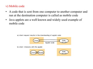 v) Mobile code
• A code that is sent from one computer to another computer and
run at the destination computer is called as mobile code
• Java applets are a well known and widely used example of
mobile code
 