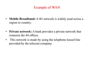 Example of WAN
• Mobile Broadband: A 4G network is widely used across a
region or country.
• Private network: A bank provides a private network that
connects the 44 offices.
• This network is made by using the telephone leased line
provided by the telecom company.
 