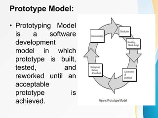 Prototype Model:
• Prototyping Model
is a software
development
model in which
prototype is built,
tested, and
reworked until an
acceptable
prototype is
achieved.
 