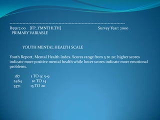 --------------------------------------------------------------------------------R55117.00    [FP_YMNTHLTH]                                     Survey Year: 2000  PRIMARY VARIABLE              YOUTH MENTAL HEALTH SCALEYouth Report, Mental Health Index. Scores range from 5 to 20; higher scores indicate more positive mental health while lower scores indicate more emotional problems.     187           1 TO 9: 5-9    2464          10 TO 14    5371          15 TO 20