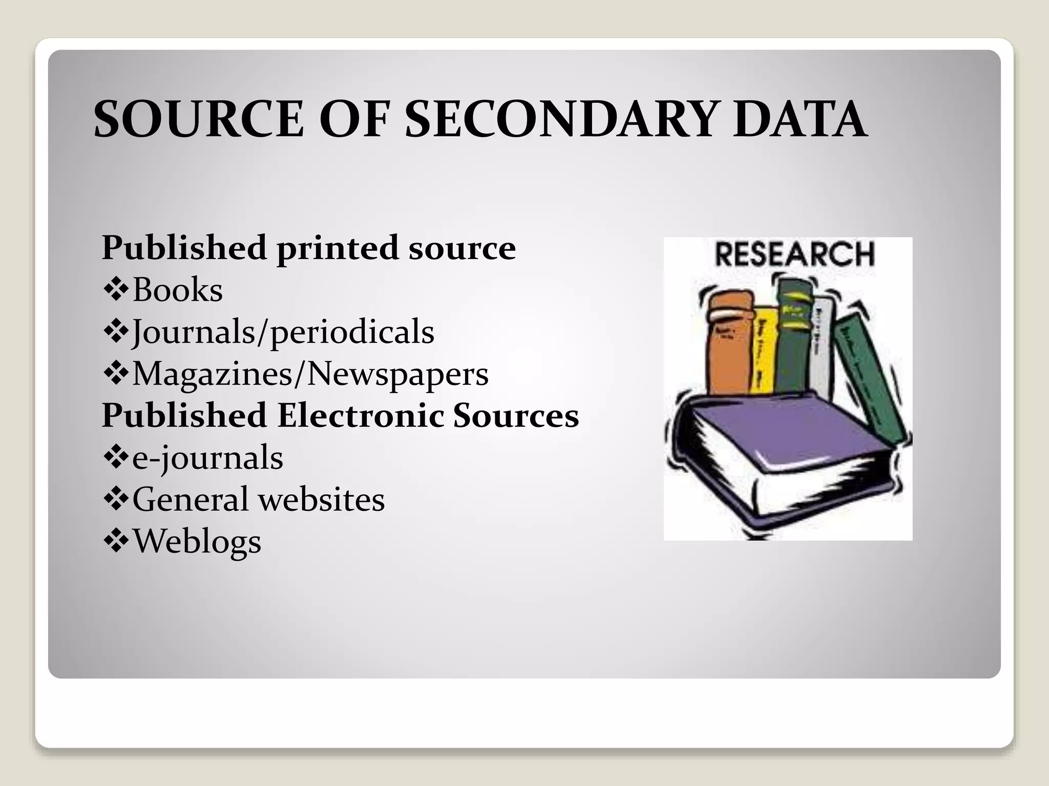 SOURCE OF SECONDARY DATA
Published printed source
Books
Journals/periodicals
Magazines/Newspapers
Published Electronic Sources
e-journals
General websites
Weblogs
 