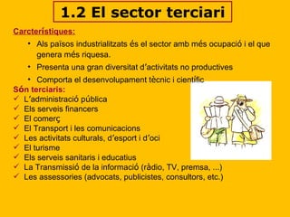 1.2 El sector terciari Carcter í stiques: Als pa ï sos industrialitzats  é s el sector amb m é s ocupaci ó  i el que genera m é s riquesa. Presenta una gran diversitat d ’ activitats no productives Comporta el desenvolupament t è cnic i cient í fic S ó n terciaris:  L ’ administraci ó  p ú blica  Els serveis financers El comer ç El Transport i les comunicacions Les activitats culturals, d ’ esport i d ’ oci El turisme Els serveis sanitaris i educatius La Transmissi ó  de la informaci ó  (r à dio, TV, premsa, ...) Les assessories (advocats, publicistes, consultors, etc.) 