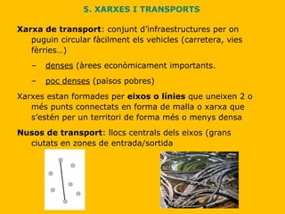 5. XARXES I TRANSPORTS   Xarxa de transport : conjunt d’infraestructures per on puguin circular fàcilment els vehicles (carretera, vies fèrries…) denses  (àrees econòmicament importants.  poc denses  (països pobres) Xarxes estan formades per  eixos o línies  que uneixen 2 o més punts connectats en forma de malla o xarxa que s’estén per un territori de forma més o menys densa Nusos de transport : llocs centrals dels eixos (grans ciutats en zones de entrada/sortida 