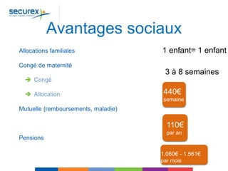 Avantages sociaux
Allocations familiales
Congé de maternité
 Congé
 Allocation
Mutuelle (remboursements, maladie)
Pensions
1 enfant= 1 enfant
3 à 8 semaines
440€
semaine
110€
par an
1.060€ - 1.561€
par mois
 