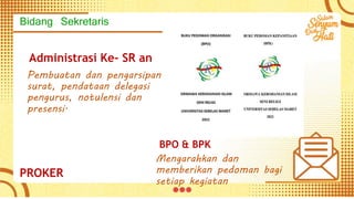Bidang Sekretaris
Administrasi Ke- SR an
Pembuatan dan pengarsipan
surat, pendataan delegasi
pengurus, notulensi dan
presensi.
BPO & BPK
Mengarahkan dan
memberikan pedoman bagi
setiap kegiatan
PROKER
 