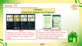 Bidang RT
KATARUS
(Kaderisasi Anggota dan Pengurus)
GRUP
Membuat grup WA Alumni, Pengurus,
dan Anggota sebagai sarana komunikasi
alumni, pengurus, dan anggota Seni
Religi.
C-MOT (Chat motivasi)
Mengirim pesan berupa saran ataupun
motivasi yang membangun untuk
seluruh pengurus dan anggota Seni
Religi sebagai pendampingan.
 