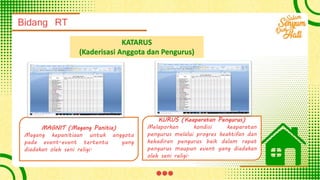 Bidang RT
KATARUS
(Kaderisasi Anggota dan Pengurus)
MAGNIT (Magang Panitia)
Magang kepanitiaan untuk anggota
pada event-event tertentu yang
diadakan oleh seni religi.
KURUS (Keaparatan Pengurus)
Melaporkan kondisi keaparatan
pengurus melalui progres keaktifan dan
kehadiran pengurus baik dalam rapat
pengurus maupun event yang diadakan
oleh seni religi.
 