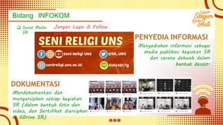 Bidang INFOKOM
PENYEDIA INFORMASI
DOKUMENTASI
Mendokumentasi dan
mengarsipkan setiap kegiatan
SR (dalam bentuk foto dan
video, dan Sertifikat diarsipkan
di GDrive SR)
Menyediakan informasi sebagai
media publikasi kegiatan SR
dan sarana dakwah dalam
bentuk desain.
 Sosial Media
SR
Jangan Lupa di Follow
yaa 
 