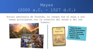 Actual península de Yucatán, su lengua fue el maya y sus
temas principales son la creación del mundo y del ser
humano.
May...