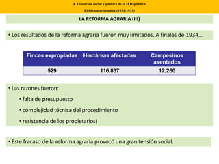 • Los resultados de la reforma agraria fueron muy limitados. A finales de 1934…
4. Evolución social y política de la II República
El Bienio reformista (1931-1933)
LA REFORMA AGRARIA (III)
• Las razones fueron:
• falta de presupuesto
• complejidad técnica del procedimiento
• resistencia de los propietarios)
Fincas expropiadas Hectáreas afectadas Campesinos
asentados
529 116.837 12.260
• Este fracaso de la reforma agraria provocó una gran tensión social.
 