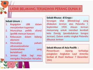 LATAR BELAKANG TERJADINYA PERANG DUNIA II
Sebab Umum :
1. Kegagalan LBB dalam
menjalankan tugasnya
2. Munculnya politik aliansi
(politik mencari kawan)
3. Kekacauan dalam bidang
ekonomi
4. Munculnya paham
ultranasionalisme
(nasionalisme yang
berlebihan)
5. Jerman tidak lagi mau
mengakui Perjanjian Versailes
Sebab Umum :
1. Kegagalan LBB dalam
menjalankan tugasnya
2. Munculnya politik aliansi
(politik mencari kawan)
3. Kekacauan dalam bidang
ekonomi
4. Munculnya paham
ultranasionalisme
(nasionalisme yang
berlebihan)
5. Jerman tidak lagi mau
mengakui Perjanjian Versailes
Sebab Khusus di Eropa :
Serangan kilat (Blietzkrieg) yang
dilakukan Jerman atas Polandia 1
September 1939. Alasan Jerman
menyerang untuk merebut kembali
kota Danzig (penduduknya bangsa
Jerman). Dalam waktu singkat Polandia
dikuasai Jerman
Sebab Khusus di Eropa :
Serangan kilat (Blietzkrieg) yang
dilakukan Jerman atas Polandia 1
September 1939. Alasan Jerman
menyerang untuk merebut kembali
kota Danzig (penduduknya bangsa
Jerman). Dalam waktu singkat Polandia
dikuasai Jerman
Sebab Khusus di Asia Pasifik :
Penyerbuan Jepang terhadap
pangkalan Angkatan Laut Amerika
Serikat di Pearl Harbaur 7 Desember
1941
Sebab Khusus di Asia Pasifik :
Penyerbuan Jepang terhadap
pangkalan Angkatan Laut Amerika
Serikat di Pearl Harbaur 7 Desember
1941
 