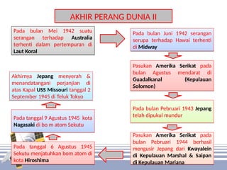 AKHIR PERANG DUNIA II
Pada bulan Mei 1942 suatu
serangan terhadap Australia
terhenti dalam pertempuran di
Laut Koral
Pada bulan Mei 1942 suatu
serangan terhadap Australia
terhenti dalam pertempuran di
Laut Koral
Pada tanggal 9 Agustus 1945 kota
Nagasaki di bo m atom Sekutu
Pada tanggal 9 Agustus 1945 kota
Nagasaki di bo m atom Sekutu
Pada tanggal 6 Agustus 1945
Sekutu menjatuhkan bom atom di
kota Hiroshima
Pada tanggal 6 Agustus 1945
Sekutu menjatuhkan bom atom di
kota Hiroshima
Pada bulan Pebruari 1943 Jepang
telah dipukul mundur
Pada bulan Pebruari 1943 Jepang
telah dipukul mundur
Pasukan Amerika Serikat pada
bulan Agustus mendarat di
Guadalkanal (Kepulauan
Solomon)
Pasukan Amerika Serikat pada
bulan Agustus mendarat di
Guadalkanal (Kepulauan
Solomon)
Pada bulan Juni 1942 serangan
serupa terhadap Hawai terhenti
di Midway
Pada bulan Juni 1942 serangan
serupa terhadap Hawai terhenti
di Midway
Pasukan Amerika Serikat pada
bulan Pebruari 1944 berhasil
mengusir Jepang dari Kwayalein
di Kepulauan Marshal & Saipan
di Kepulauan Mariana
Pasukan Amerika Serikat pada
bulan Pebruari 1944 berhasil
mengusir Jepang dari Kwayalein
di Kepulauan Marshal & Saipan
di Kepulauan Mariana
Akhirnya Jepang menyerah &
menandatangani perjanjian di
atas Kapal USS Missouri tanggal 2
September 1945 di Teluk Tokyo
Akhirnya Jepang menyerah &
menandatangani perjanjian di
atas Kapal USS Missouri tanggal 2
September 1945 di Teluk Tokyo
 