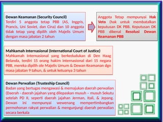 Dewan Keamanan (Security Council)
Terdiri 5 anggota tetap PBB (AS, Inggris,
Prancis, Uni Soviet, dan Cina) dan 10 anggota
tidak tetap yang dipilih oleh Majelis Umum
dengan masa jabatan 2 tahun
Dewan Keamanan (Security Council)
Terdiri 5 anggota tetap PBB (AS, Inggris,
Prancis, Uni Soviet, dan Cina) dan 10 anggota
tidak tetap yang dipilih oleh Majelis Umum
dengan masa jabatan 2 tahun
Anggota Tetap mempunyai Hak
Veto (hak untuk membatalkan
keputusan DK PBB. Keputusan DK
PBB dikenal Resolusi Dewan
Keamanan PBB
Anggota Tetap mempunyai Hak
Veto (hak untuk membatalkan
keputusan DK PBB. Keputusan DK
PBB dikenal Resolusi Dewan
Keamanan PBB
Mahkamah Internasional (International Court of Justice)
Mahkamah Internasional yang berkedudukan di Den Haag
Belanda, terdiri 15 orang hakim internasional dari 15 negara
PBB, mereka dipilih ole Majelis Umum & Dewan Keamanan dgn
masa jabatan 9 tahun, & untuk ketuanya 3 tahun
Mahkamah Internasional (International Court of Justice)
Mahkamah Internasional yang berkedudukan di Den Haag
Belanda, terdiri 15 orang hakim internasional dari 15 negara
PBB, mereka dipilih ole Majelis Umum & Dewan Keamanan dgn
masa jabatan 9 tahun, & untuk ketuanya 3 tahun
Dewan Perwalian (Trusteship Council)
Badan yang bertugas mengawasi & memajukan daerah perwalian
(Daerah - daerah jajahan yang dilepaskan musuh – musuh Sekutu
setelah PD II, seperti daerah jajahan Jerman, Itali, & Jepang.
Dewan ini mempunyai wewenang mempertimbangkan
permohonan rakyat perwalian & mengunjungi daerah perwalian
secara berkala
Dewan Perwalian (Trusteship Council)
Badan yang bertugas mengawasi & memajukan daerah perwalian
(Daerah - daerah jajahan yang dilepaskan musuh – musuh Sekutu
setelah PD II, seperti daerah jajahan Jerman, Itali, & Jepang.
Dewan ini mempunyai wewenang mempertimbangkan
permohonan rakyat perwalian & mengunjungi daerah perwalian
secara berkala
 