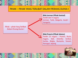 PIHAK – PIHAK YANG TERLIBAT DALAM PERANG DUNIA I
Pihak – pihak Yang Terlibat
Dalam Perang Dunia I
Pihak – pihak Yang Terlibat
Dalam Perang Dunia I
Blok Prancis (Pihak Sekutu)
Terdiri 23 negara : Prancis, Rusia,
Inggris, Itali, Amerika Serikat,
Serbia, Belgia, Rumania, Yunani,
Portugal, Jepang
Blok Prancis (Pihak Sekutu)
Terdiri 23 negara : Prancis, Rusia,
Inggris, Itali, Amerika Serikat,
Serbia, Belgia, Rumania, Yunani,
Portugal, Jepang
Blok Jerman (Pihak Sentral)
Terdiri dari 4 negara
Jerman, Turki, Bulgaria, Austri -
Hungaria
Blok Jerman (Pihak Sentral)
Terdiri dari 4 negara
Jerman, Turki, Bulgaria, Austri -
Hungaria
 