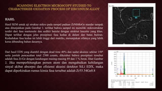 SCANNING ELECTRON MICROSCOPY STUDIED TO
CHARACTERIZE OXIDATION PROCESS OF ZIRCONIUM ALLOY
HASIL
Hasil SEM untuk uji struktur mikro pada sampel paduan ZrNbMoGe standar tampak
atas ditunjukkan pada Gambar 1. terlihat bahwa sampel ini memiliki mikrostruktur
terdiri dari fasa martensite dan sedikit bainite dengan struktur lancette yang khas.
Dapat terlihat dengan jelas presipitasi fasa kedua di dalam dan batas butiran.
Kedudukan fasa kedua ini lebih tinggi dari matriks, menunjukan sifatnya yang lebih
keras dibanding bahan dasarnya.
Dari hasil EDS yang diambil dengan dead time 40% dan sudut akuisisi sekitar 1500
serta jumlah pencacahan total 2500 counts, diketahui bahwa presipitasi tersebut
adalah fasa Zr-Ge dengan kandungan masing-masing 89 dan 1 % berat, lihat Gambar
2. Jika memperhitungkan persen atom dan mengabaikan kehilangan
sinyal akibat absorpsi dan efisiensi akusisi detektor SiLi EDX, maka
dapat diperkirakan rumus kimia fasa tersebut adalah Zr55.54Ge0.8
 