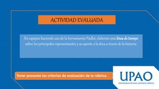 ACTIVIDAD EVALUADA
En equipos haciendo uso de la herramienta Padlet, elaboran una línea de tiempo
sobre los principales representantes y su aporte a la ética a través de la historia.
Tener presente los criterios de evaluación de la rúbrica.
 