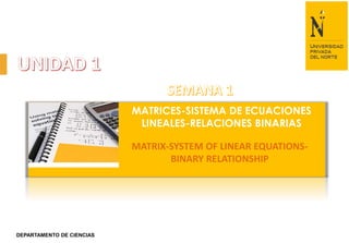 DEPARTAMENTO DE CIENCIAS
MATRICES-SISTEMA DE ECUACIONES
LINEALES-RELACIONES BINARIAS
MATRIX-SYSTEM OF LINEAR EQUATIONS-
BINARY RELATIONSHIP
 