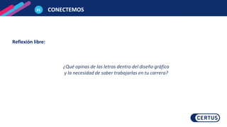 CONECTEMOS
01
Reflexión libre:
¿Qué opinas de las letras dentro del diseño gráfico
y la necesidad de saber trabajarlas en tu carrera?
 