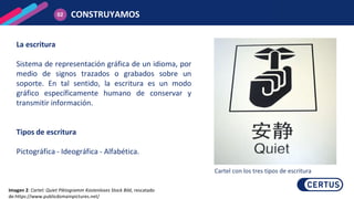 Imagen 2: Cartel: Quiet Piktogramm Kostenloses Stock Bild, rescatado
de:https://www.publicdomainpictures.net/
La escritura
Sistema de representación gráfica de un idioma, por
medio de signos trazados o grabados sobre un
soporte. En tal sentido, la escritura es un modo
gráfico específicamente humano de conservar y
transmitir información.
Tipos de escritura
Pictográfica - Ideográfica - Alfabética.
CONSTRUYAMOS
02
Cartel con los tres tipos de escritura
 