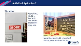 Actividad Aplicativa 2
Ejemplos:
Adolfo Cuba,
IL1, 21-1,
Sans Serif,
Foto de caja
de zapatillas
en mi casa.
María Huamaní, IL1, 21-1, Sans Serif,
Foto de portarretrato en mi casa.
 