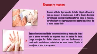 Brazos y manos
Acuesta al bebe ligeramente de lado. Cógele el hombro
con una mano y la muñeca con la otra, desliza la mano
por el brazo con movimientos rotarios hasta la muñeca,
para finalizar con ligeras presiones sobre las palmas de
la mano y cada dedo
1
2
Sostén la muñeca del bebe con ambas manos y masajéalo. Inicia
con la palma, moviendo los pulgares hacia los dedos del bebé.
Luego masajea los dedos mientras que vas desdoblando y
realizando movimientos rotatorios en cada mano. Repite el
maseje en el otro brazo y mano.
 