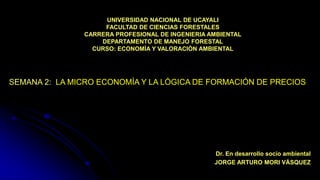 UNIVERSIDAD NACIONAL DE UCAYALI
FACULTAD DE CIENCIAS FORESTALES
CARRERA PROFESIONAL DE INGENIERIA AMBIENTAL
DEPARTAMENTO DE MANEJO FORESTAL
CURSO: ECONOMÍA Y VALORACIÓN AMBIENTAL
Dr. En desarrollo socio ambiental
JORGE ARTURO MORI VÁSQUEZ
SEMANA 2: LA MICRO ECONOMÍA Y LA LÓGICA DE FORMACIÓN DE PRECIOS
 