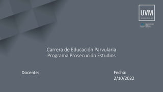 Carrera de Educación Parvularia
Programa Prosecución Estudios
Docente: Fecha:
2/10/2022
 