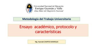 Ensayo académico, protocolo y
características
Metodología del Trabajo Universitario
Mg. Haendel CAMPOS MANRIQUE
 