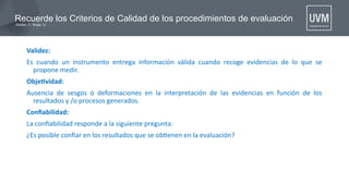 Recuerde los Criterios de Calidad de los procedimientos de evaluación
(Núñez, C; Rojas, V)
Validez:
Es cuando un instrumento entrega información válida cuando recoge evidencias de lo que se
propone medir.
Objetvidad:
Ausencia de sesgos o deformaciones en la interpretación de las evidencias en función de los
resultados y /o procesos generados.
Confabilidad:
La confabilidad responde a la siguiente pregunta:
¿Es posible confar en los resultados que se obtenen en la evaluación?
 
