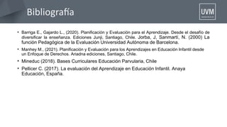 Bibliografa
• Barriga E., Gajardo L., (2020). Planificación y Evaluación para el Aprendizaje. Desde el desafío de
diversificar la enseñanza. Ediciones Junji, Santiago, Chile. Jorba, J, Sanmartí, N. (2000) La
función Pedagógica de la Evaluación Universidad Autónoma de Barcelona.
• Manhey M., (2021). Planificación y Evaluación para los Aprendizajes en Educación Infantil desde
un Enfoque de Derechos. Ariadna ediciones, Santiago, Chile.
• Mineduc (2018). Bases Curriculares Educación Parvularia, Chile
• Pellicer C. (2017). La evaluación del Aprendizaje en Educación Infantil. Anaya
Educación, España.
 