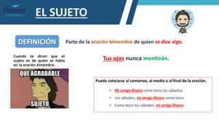 EL SUJETO
Cuando te dicen que el
sujeto es de quien se habla
en la oración bimembre.
DEFINICIÓN Parte de la oración bimembre de quien se dice algo.
Tus ojos nunca mentirán.
Puede colocarse al comienzo, al medio o al final de la oración.
• Mi amigo Álvaro come locro los sábados.
• Los sábados, mi amigo Álvaro come locro.
• Come locro los sábados, mi amigo Álvaro.
 