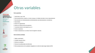 Otras variables
De los pacientes:
1. Edad (años) y sexo: H/M;
2. Nivel socioeconómico (medido con cartón de pago con múltiplos del salario mínimo interprofesional);
3. Nivel educativo (sin estudios/estudios primarios/estudios secundarios/estudios universitarios);
4. Nacionalidad;
5. Número de cigarrillos/día;
6. Número de intentos previos de abandono;
7. Cooximetría basal en aire espirado (p.p.m.);
8. Fecha de abandono;
9. Grado de dependencia a la nicotina (Test de Fageström reducido).
De los Centros de Salud:
1. Medio rural/urbano);
2. Carácter docente (sí/no);
3. Número de médicos;
4. Número de profesionales de enfermería;
5. Nivel socioeconómico de la población asignada en el centro de salud según datos del INE.
 