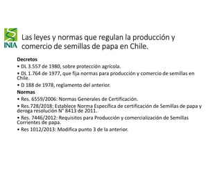 Las leyes y normas que regulan la producción y
comercio de semillas de papa en Chile.
Decretos
• DL 3.557 de 1980, sobre protección agrícola.
• DL 1.764 de 1977, que fija normas para producción y comercio de semillas en
Chile.
• D 188 de 1978, reglamento del anterior.
Normas
• Res. 6559/2006: Normas Generales de Certificación.
• Res.728/2018: Establece Norma Específica de certificación de Semillas de papa y
deroga resolución N° 8413 de 2011.
• Res. 7446/2012: Requisitos para Producción y comercialización de Semillas
Corrientes de papa.
• Res 1012/2013: Modifica punto 3 de la anterior.
 