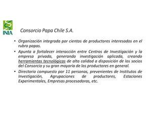 Consorcio Papa Chile S.A.
• Organización integrada por cientos de productores interesados en el
rubro papas.
• Apunta a fortalecer interacción entre Centros de Investigación y la
empresa privada, generando investigación aplicada, creando
herramientas tecnológicas de alta calidad a disposición de los socios
del Consorcio y su gran mayoría de los productores en general.
• Directorio compuesto por 11 personas, prevenientes de Institutos de
Investigación, Agrupaciones de productores, Estaciones
Experimentales, Empresas procesadoras, etc.
 