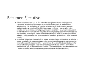 Resumen Ejecutivo
• El Consorcio Papa Chile SpA es una entidad que surge en el marco del proyecto de
Consorcios Tecnológicos creados por el Estado de Chile a partir de la experiencia
Neozelandesa, con la finalidad de impulsar el desarrollo de determinados sectores
productivos del agro nacional. Su objetivo principal es alinear y acercar a los entes
privados con las entidades tecnológicas, en nuestro caso INIA y las Universidades, con la
finalidad de financiar en conjunto proyectos de investigación que concluyan en lo posible
con Productos Tecnológicos comerciables y de interés para el sector, que no podrían ser
llevados a cabo solamente por los privados o las entidades tecnológicas y sin el apoyo del
estado.
• La finalidad del Consorcio Papa Chile es apoyar la investigación para generar tecnologías y
nuevas variedades de papa que nos permitan competir con las extranjeras y adecuarnos
mejor a las necesidades comerciales y agronómicas de la actualidad, además desarrollar
paquetes tecnológicos para hacer más eficiente y productivo el cultivo y combatir las
enfermedades que lo atacan en forma racional y sustentable y para ello se han financiado
7 proyectos, cuyos resultados estamos comenzando a ver desde el año 2014.
 
