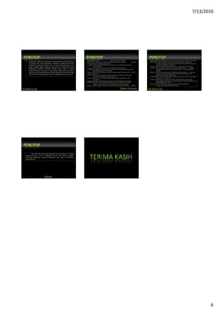 7/13/2010
6
KESIMPULAN SARAN DAFTAR PUSTAKA
2. Berdasarkan analisis dan pembahasan yang dilakukan ternyata intervensi
ex dividend date tidak berpengaruh signifikan terhadap harga saham
perbankan di Indonesia bahkan untuk 15 atau 30 hari ke depan. Hal ini
sangat berbeda dengan hipotesis awal bahwa ex dividend date akan
berpengaruh signifikan terhadap fluktuasi harga saham di sekitar
kejadian tersebut. Fenomena ini menunjukan bahwa informasi akutansi
khususnya ex dividend date belum diserap dengan baik oleh para pelaku
pasar di Indonesiasebagai acuan untuk mengambil keputusan ekonomi
KESIMPULAN SARAN Daftar Pustaka
Anonim.2009. Saham. [http://id.wikipedia.org/] (On-line: October, 2th 2009).
Bowerman, B.L. and O’Connel., 1993. Forecasting and Time Series: An Applied Approach,
3rd edition. Belmont, California : Duxbury Press.
Campbell, J.A. dan Beranek,W.1995. Stock Price Behaviour on Ex Divident Date. Journal of
Finance, 425-429
Cryer, J.D. 1986. Time Series Analysis. Boston : PWS-Kent Publishing Company
Darmadji,T. dan Fakhruddin, H. M. 2001. Pasar Modal di Indonesia: pendekatan tanya jawab.
Salemba Empat, Jakarta. Edisi Pertama.
Fatum, R .2000. On The Effectiveness of Sterilized Foreign Exchange Intervention.SCCIE Working
Paper 99-2, Santa Cruz
French, D.W., Varson, P.L. dan Moon,K.P. 2005. Capital Structure and the Ex-Dividend Day
Return.SSRN Journal (PDF). http:www.ssrn.com
Janacek,G. dan Swift, L. 1993. Time Series Forecasting, Simulation, Applications. London :
Ellis Horwood
Jogiyanto,H.M.2003. TeoriPortofolio dan Analisis Investasi. BPFE Yogyakarta. Edisi Ketiga.
Michaely,R. dan Vila, J.L.1995. Investors' Heterogenity, Prices and Volume Around the Ex-
Divident Day. Journal of Finance and Quantitative Analysis, Volume 30.
Gitman, L.J.2000. Principles of Managerial Finance 9th Edition. USA: Addison Wesley Publising
KESIMPULAN SARAN
Daftar Pustaka
Gitman, dan Hannesey. 2004. Dividend Policy. Hand Out Chapter 11, Lake University, Spring
Hermawati, R. 2007. Analisis Intervensi Untuk Mengetahui Pengaruh Pengumuman
Perubahan Bond Rating Terhadap Harga Dan Return Saham Di Bursa Efek Jakarta.
Tugas Akhir S1 Statistika ITS Surabaya
Husnan, S. 1994. Teori Portfolio dan Analisis Sekuritas. Yogyakarta: UPP – AMP YKPN
Pujiono. 2009. Value Relevance Dalam Informasi Dividen dan Kepemilikan Managerial
yang Membentuk Kinerja Pasar. Disertasi S3 Program Pasca Sarjana UNAIR
Surabaya.
Siaputra, Lani. 2006. Pengaruh Pengumuman Dividen Terhadap Perubahan Harga Saham
Sebelum dan Sesudah Ex-Dividend Date di Bursa Efek Jakarta (BEJ). Jurnal
Akuntansidan Keuangan. Volume 8, No. 1.
Suhartono,.2007. Teori dan Aplikasi Model Intervensi Fungsi Pulse. Jurnal IlmiahMatStat,
Volume 7,No. 2, hal 191-214
Sularso,R.A.2003.PengaruhPengumumanDividen Terhadap Perubahan Harga Saham
(Return) Sebelum dan Sesudah Ex-Divident Date di Bursa Efek Jakarta(BEJ). Jurnal
Akuntansi&Keuangan, Volume 5.
Wei, W.W.S. 1990. Time Series Analysis, Univariate and Multivariate Methods.
Canada : Addison Wesley Publishing Company.
Pada beberapa model yang didapatkan pada penelitian ini residual
belum memenuhi asumsi berdistribusi normal. Oleh karena itu dalam
penelitian selanjutnya, peneliti menyarankan agar asumsi kenormalan
dapat dipenuhi.
KESIMPULAN
SARAN Daftar Pustaka
 