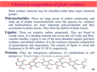 Plant residues /material may be classified under three major chemical
groups:
Polysaccharides: These are large group of carbon compounds, and
made up of simple monosaccharides units like glucose etc. cellulose
and hemicellulose are most important polysaccharides and they
accumulate in plants tissues. They form the skelton of plant tissues.
Lignins: These are complex carbon compounds. They are found in
woody tissue. It is binding material and covers the cell walls and fibro-
vascular bundles. Lignin is one of the most abundant organic polymers
in plants, just behind cellulose. It is the exclusive chemical composition
of gymnosperm and angiosperm. The content of lignin in wood and
Gramineae is 20–40% and 15–20 %, respectively.
Proteins :They are nitrogenous substances, it`s predominant in cell
protoplasm. Simple forms of protein is amino acids.
18
Chemical composition of plant residues:
 