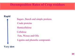 Rapid
Very slow
Sugars ,Starch and simple protiens
Crude proteins
Hemicellulose
Cellulose
Fats, Waxes and Oils
Lignins and phenolic compounds
20
Decomposition Rates of Crop residues
 