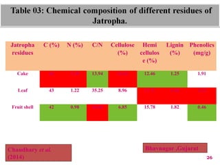 26
Jatropha
residues
C (%) N (%) C/N Cellulose
(%)
Hemi
cellulos
e (%)
Lignin
(%)
Phenolics
(mg/g)
Cake 46 3.30 13.94 14.44 12.46 1.25 1.91
Leaf 43 1.22 35.25 8.96 17.71 5.48 3.32
Fruit shell 42 0.98 42.86 6.85 15.78 1.82 0.46
Chaudhary et al.
(2014)
Bhavnagar ,Gujarat
 