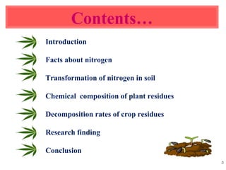 3
Contents…
Introduction
Facts about nitrogen
Transformation of nitrogen in soil
Chemical composition of plant residues
Decomposition rates of crop residues
Research finding
Conclusion
 