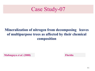 51
Mafongoya et al. (2008) Florida
Case Study-07
Mineralization of nitrogen from decomposing leaves
of multipurpose trees as affected by their chemical
composition
 